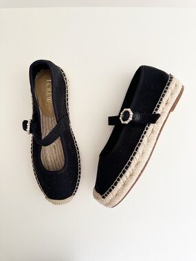 J.Crew Mary Jane Black Pearl Buckle Espadrille Flats